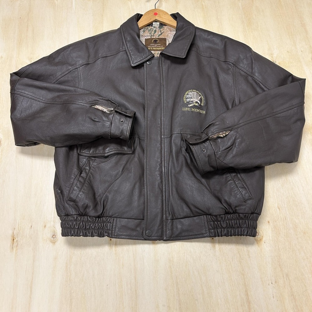 Vintage North American Hunting Club Jacket Mens XL Brown Leather Life Member